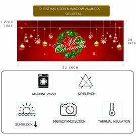 Cuteiush Christmas Valances Wreath Window Short Curtain Valances for Kitchen Bathroom, Rod Pocket Christmas Ornament Ball Small Window Treatment Valances 52x18inch, Red