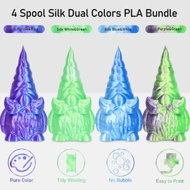 MIKA3D Dual Color Silk PLA 1.75mm Printer Filament Bundle, 2 Color in 1 PLA 4 Spools Pack, Silk White Blue, Silk White Green, Silk Green Purple, Silk Purple Blue, 3D Printing PLA 250g X 4 Spools