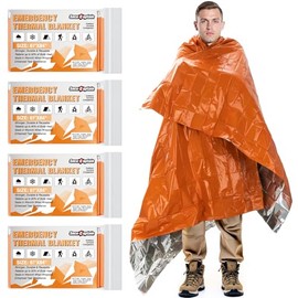 SecuCaptain Survival Emergency Thermal Blankets: Thicken 28um Space Mylar Blanket Kit for Outdoor Cold Winter Camping, Hiking, Car Bug Out Bag, or First Aid - Orange 4 Pack