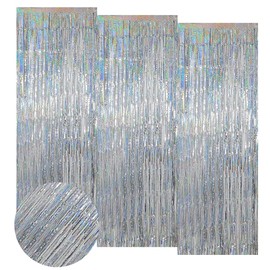 AZULDIMEN Paquete de 12 Unidades Cortinas de Malla Metálica Cortinas con Láser Flecos metálicos Cortina Brillante para cumpleaños Fiesta de Bodas Decoraciones navideñas (Plata)