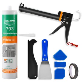 Caulk Gun Kit, White Silicone Sealant + Caulk Gun + Caulking Tool Kit - All-Purpose 100% Silicone Caulk (10 oz Tube), with Caulk Gun, Smoothing Tool, Scraping Tool and Masking Tape