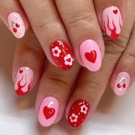 Valentines Press on Nails Medium Almond Fake Nails with Red Heart Designs Pink Full Cover Flames Flowers Nails Press ons Cute Nail Decorations Cherry Holiday False Nails for Women 24 Pcs
