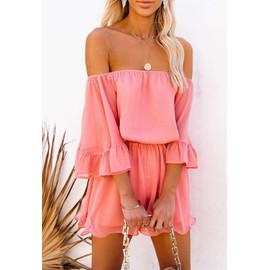 Fixmatti Women Rompers Casual Summer Off Shoulder Strapless Ruffle Shorts Jumpsuit Coral M