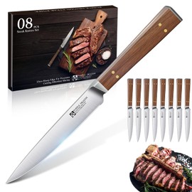 Purple Dragon Steak Knives Set of 8-4.7 Inch Non Serrated Dinner Knife with Square Wooden Handle – Elegant, Balanced, High Carbon German Steel - Christmas Gift for Men and Women