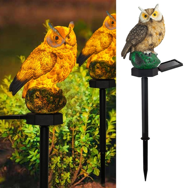 Dazzle Bright Owl Figure Solar LED Lights, Resin Garden Waterproof Decorations with Stake for Outdoor Yard Pathway Outside Patio Lawn Decor to Scare Birds Away (Brown 1 Pack)