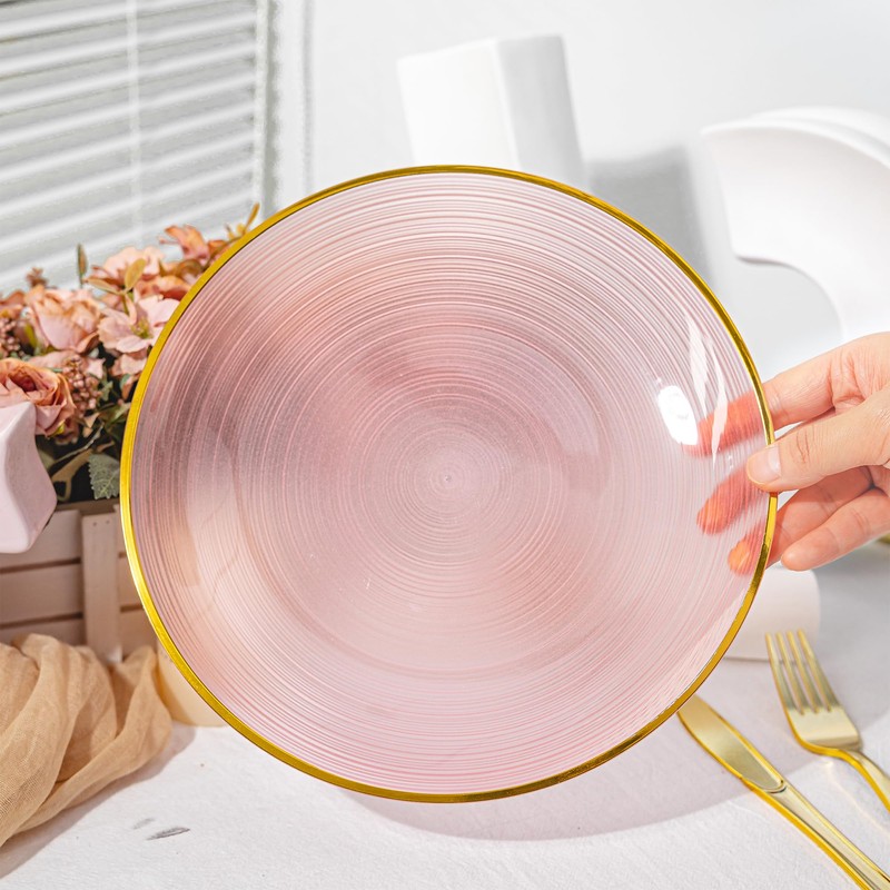 100PCS Transparent Pink Gold Plastic Plates, 10in Dinner Plate