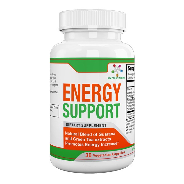 Spectra Vitamins Natural Energy Support 30 Capsules - Guarana Capsules - Vitamin B12 - Guarana and Green Tea Extracts - Citrulline Energy Supplements with Natural Energy Booster