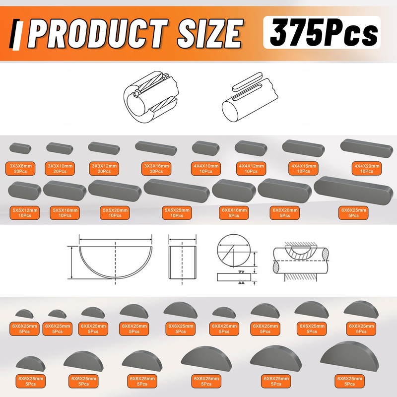HASAOMOI 375pcs Metric Woodruff Key Assortment Kit, include 200pcs Semicircle