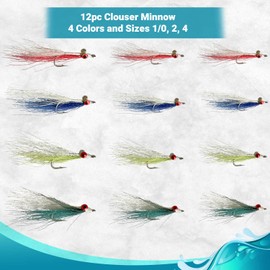 Feeder Creek Clouser Minnow Flies | Saltwater and Baitfish Flies | Saltwater Fly Fishing and Surf Fly Fishing | 4 Colors 3 Sizes 1/0, 2, and 4 (12pc Assortment)