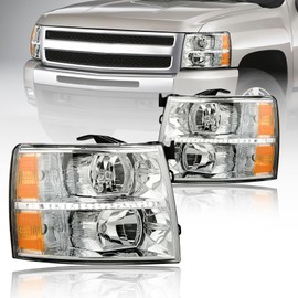Fullux LED DRL Headlight Assembly Headlights, Compatible with 07-13 Chevy Silverado 1500/07-14 Silverado 2500HD 3500 NOT Fit 2007(Old Body) Classic Models Headlamp Amber Reflector Chrome Housing