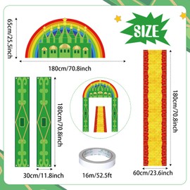 4 Pcs Emerald Green Castle Banner Yellow Brick Runner Entryway Party Decorations Emerald Green Castle Backdrop Hanging Banner Yellow Brick Runner for Birthday Holiday Wizard Party