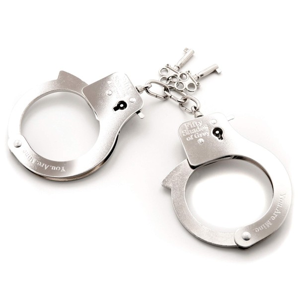 Fifty Shades of Grey You are Mine Metal Handcuffs - Lockable Handcuffs with 2 Keys & Quick Release - Adjustable Sexy Handcuffs for Couples with Satin Bag - Silver
