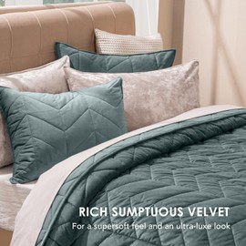 EVERGRACE 3 Pieces Luxurious Queen Velvet Quilts, Ultra Soft Lightweight Velvet Comforter Set, Matelasse Oversized Bedspread Coverlet for All Season with 2 Shams, Forest Green, 92"x96"