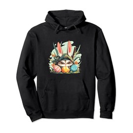 Colorful Easter Eggs Hunt Ninja Cat With Bunny Ears for Kids Pullover Hoodie