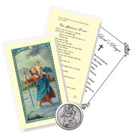 St Christopher Coin - Dual Sided St Christopher Pocket Token, Laminated Motorist Prayer Card, The Lord's Prayer Card - Patron Saint of Travelers Themed Set - 3 Items
