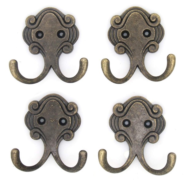 LXZ 4 PCs Antique Brass Wall Mounted Double Prong Hooks