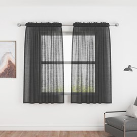 Black Sheer Curtains 63 inches Long Living Room Curtain Sheers Basement 2 Panels Voile Linen Textured Transparent Bedroom Drapes Rod Pocket Kitchen Dining Window Treatment Set