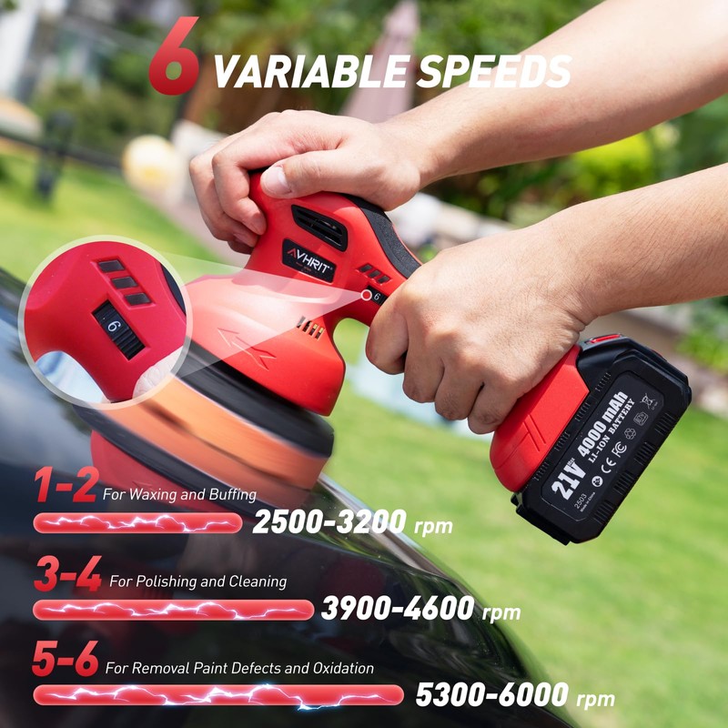 Avhrit 6 Inch Cordless Car Buffer Polisher: 2x4000mAh Batteries Car