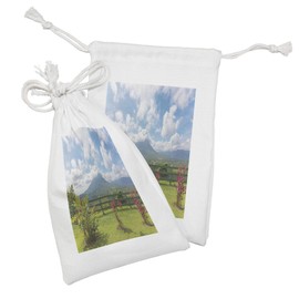 Lunarable Volcano Fabric Pouch Set of 2, View of the Arenal Volcano from Observation Point Costa Rica Scenic View, Small Drawstring Bag for Toiletries Masks and Favors, 9" x 6", Pale Blue Pink Green