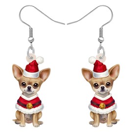 OUSIO Christmas Day Acrylic Adorable Chihuahua Earrings Santa Costume Puppy Pets Animals Dangle Jewellry For Women Dog Lovers Charms Birthday Holiday Carnival Party Gifts (Brown)
