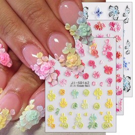 3 Sheets Embossed Flower Nail Art Stickers Pink Yellow Blue Floral Nail Stickers 5D Self-Adhesive Petal Nail Decoration Spring Summer Nail Decals for Women Girls DIY Nail Design Supplies