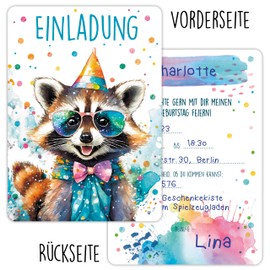 CALLUNA® Raccoon Glitter Invitation Cards Children's Birthday Girl & Boy - Pack of 12 - Funny Raccoon Birthday Invitations with Colourful Glitter Lacquer - Invitation for Children & Teenagers (without