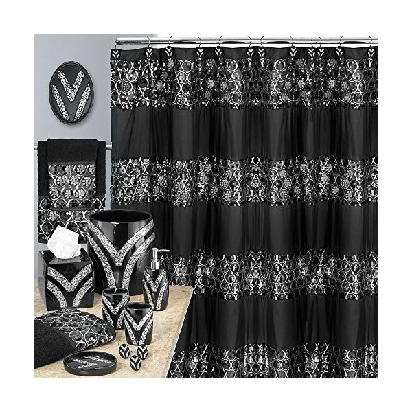 Popular Bath Sinatra Black 8 Piece Shower Curtain and Resin Wastebasket Set