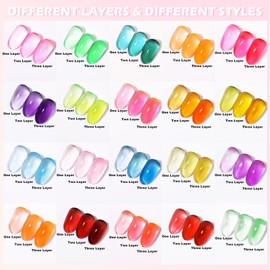 Noirwhite Jelly Nail Polish, 20 Colors Trendy Neon Jelly Gel Nail Polish Kit Glossy Crystal Nude Pink Purple Green Blue Yellow Red Colors Transparent Gel Polish Soak Off UV LED Home DIY Nail Art Salon