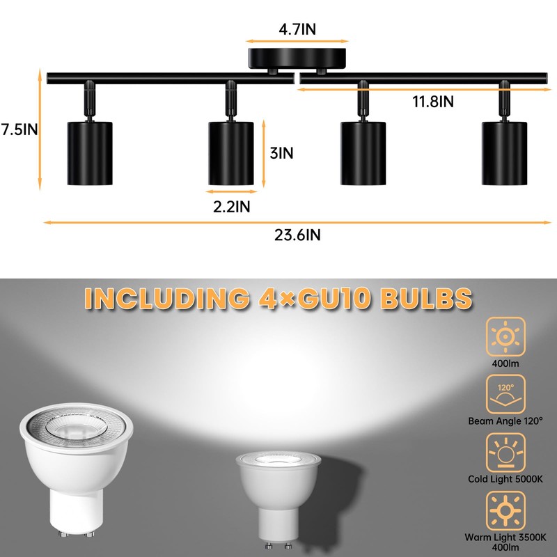 Lavendex LED 4 Light Track Lighting Kit, Black Ceiling Spotlights,