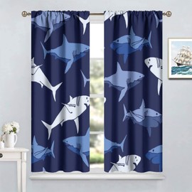 Shark Fish Window Curtains, Ocean Animal Navy Blue Room Darkening Rod Pocket Windows Treatments for Boys Girls Toddler Bedroom Living Room 42x54in