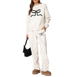 2 Piece Lounge Sets for Women Fall Sweatsuits Bow Print Long Sleeve Crew Neck Wide Leg Sweatpants Matching Tracksuit (Beige, S)