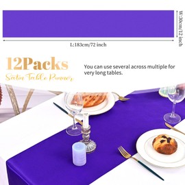 12 Pack Purple Satin Table Runner 12×72 Inch Long Bright Silk Table Runner for Wedding,Party,Banquet,Events,Graduations Decoration fit Rectangular and Round Table