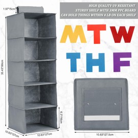 Hahafelt 2 Pcs 5 Shelf Weekly Clothes Organizer for Kids Hanging Closet Organizer Weekday Daily Activity Clothes Storage Days of The Week Outfit Storage for Monday Through Friday(Grey)