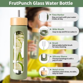 FrutPunch 18 OZ Glass Water Bottles, Water Bottle with Time Marker, Leakproof Glass Water Bottles with Silicone Sleeves, Suitable for Offices and Gyms. (green)