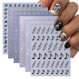 KTAABTR 6 Sheets Music Note Nail Stickers, 3D Self-Adhesive Nail Decals, Black Gold Silver Music Notes Nail Art Stickers for Women Girls DIY Manicure Tips Designer Nail Decoration Supplies