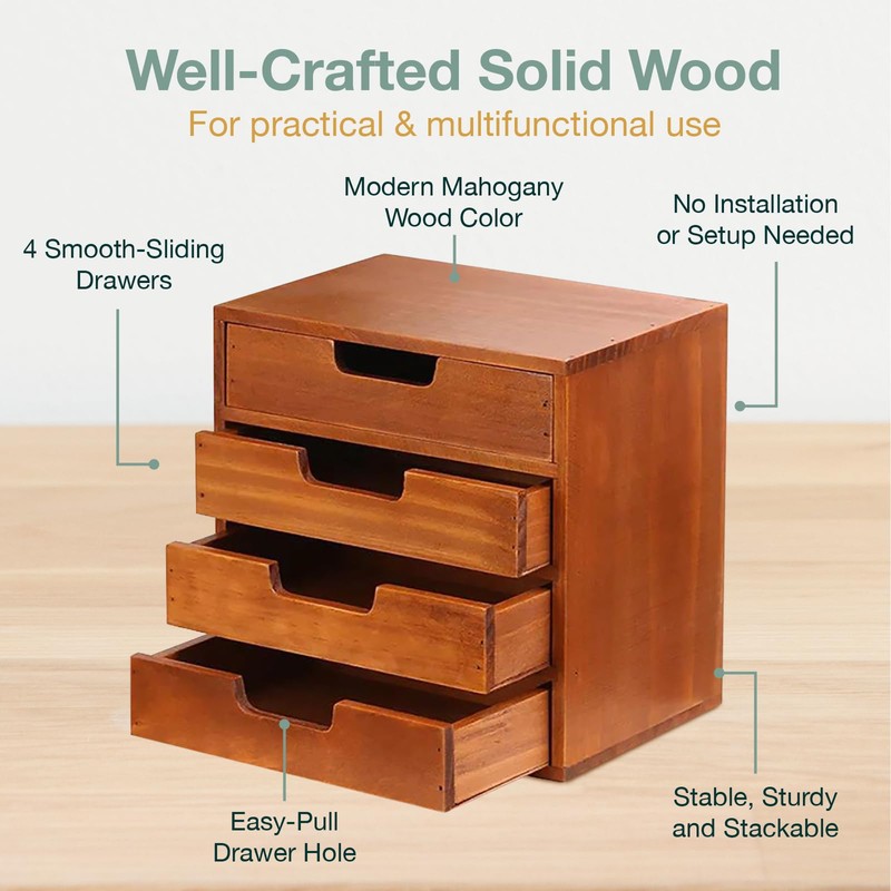 4 Drawer Desktop Storage Organizer in Modern Wood Design (9.8”x6.9”x