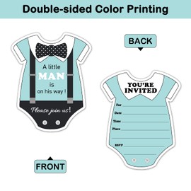 REWIDPARTY Little Man Themed Baby Shower Invitations with Envelopes & Stickers（Set of 15） Bow Tie & Suspenders Shaped Fill-in Invitations Boys Baby Shower or Birthday Invites Cards Party Supplies