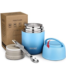 JOOPETALK 17 oz Insulated Lunch Containers, Hot Food Jar, Wide Mouth, Vacuum Stainless Steel Thermo Lunch Box with Handle and Folding Spoon, Blue