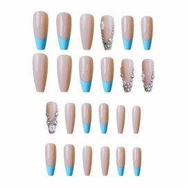 BABALAL Coffin Press on Nails Long Fake Nails Blue French Tip Glue ons Nails Flower Rhinestone Bling Design Acrylic Nails 24Pcs Ballerina False Nails