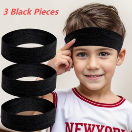 All-Black, 3 Pieces Set-Kid Sports Headbands and Sweatbands, Moisture Wicking Athletic Cotton, Elastic, Soft Pure Cotton for Running, Tennis, Basketball, Soccer, Volleyball