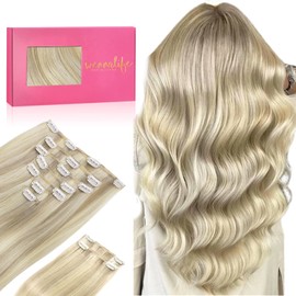 Wennalife WENNALIFE Hair Extensions Clip In, 9pcs 14inch 150g Ash Blonde Highlighted Platinum Blonde Thicker Clip In Hair Extensions Real Human Hair Remy hair extension Double Weft Clip in Human Hair Extensions