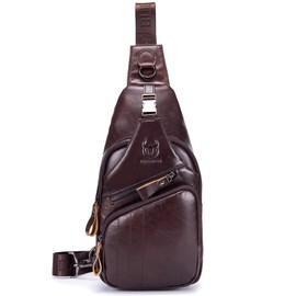 QUEAMBLER Leather Sling Bag Men's Leather Casual Crossbody Shoulder Chest Bag Travel Hiking Daypack, brown, Retro