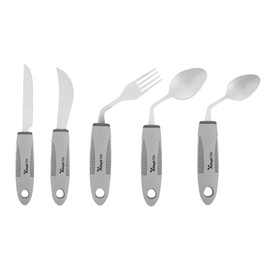 Restaurantware Adaptive Utensil Set (5-Piece Set) Gray Left-Hand Stainless Steel Adaptive Utensils Lightweight Non-Slip Easy Grip Spoons, Knives, Fork for Elderly, Arthritis, Tremors, Parkinson's