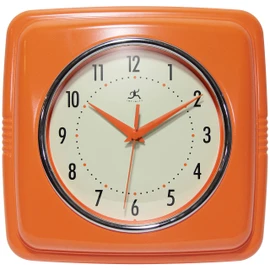 Infinity Instruments Square Silent Retro 9 inch Mid Century Modern Kitchen Diner Retro Wall Clock Quartz Sweep Movement (Orange) (13228OR-4103-AMZ)