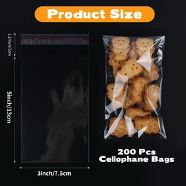 Cellophane Cookie Bags with Seal: 200pcs 3x5 Resealable Clear Cellophane Treat Bags, Individual Plastic Self Sealing Candy Bag for Cookies, Candy, Party Favors, Bakery, Gift Packaging Wrappers