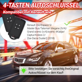 Pack of 2 4 Buttons Car Key Case Protective Cover, Compatible with Renault Clio Megane Koleos Twingo Kadjar Kangoo Talisman Captur Espace Dacia Duster 2, Durable Wear-resistant with Key Ring