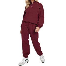 REORIA Women Warm Half Zip Cotton Lounge Wear Sets Soft Co Ord Sets Plus Size Two Piece Outfit Thick Tracksuits Full Set With Fleece Lining Burgundy M