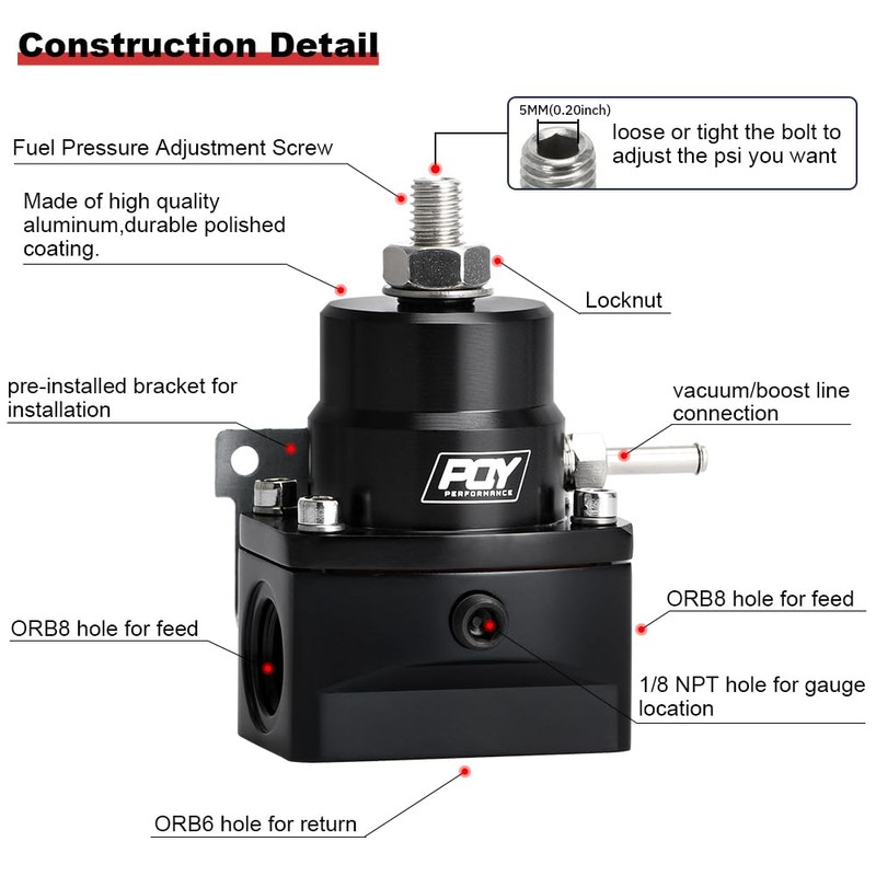 PQY Adjustable EFI Fuel Pressure Regulator Kit 3-70PSI with AN8