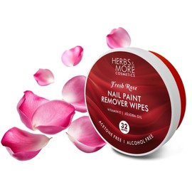 Herbs & More Cosmetics Nail Paint Remover Wipes - Fresh Rose | Gentle, Acetone-Free, Quick & Easy Nail Polish Removal | Travel-Friendly, Hydrating Formula for Healthy Nails | 32 Wipes
