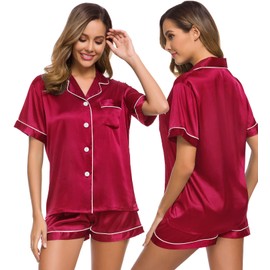 SWOMOG Womens Pyjamas Set Silk Satin Pyajams Two-Piece Pj Sets Short Sleepwear and Loungewear Set Button Down Pj Sets Red